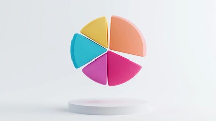 Obraz premium 3D pie chart with vibrant segments floating in mid-air, set against a white minimalist background