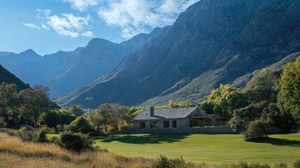 Secluded home with a stunning mountain backdrop, leaving space for text.