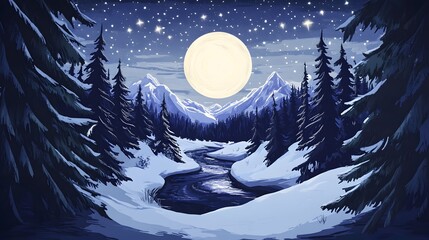 Naklejka premium Winter Night Landscape with Moon and Stars.