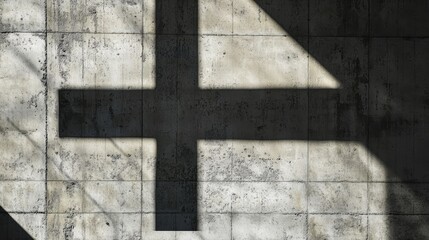 Shadows cast a cross-shaped pattern on a gritty cement wall. The geometric form stands out against the raw texture of the wall, creating a compelling focal point.