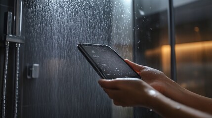 13080656 222 Person adjusting smart shower settings, luxury bathroom interior, photorealistic rendering, steam and water droplets, glass enclosure focus, soft diffused lighting 