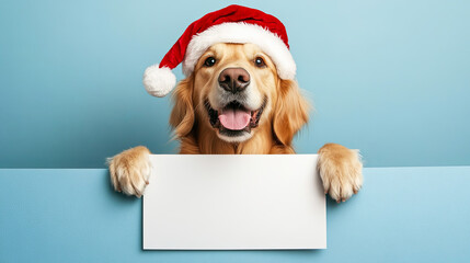 Golden Retriever wearing santa hat - christmas dog with blank sign