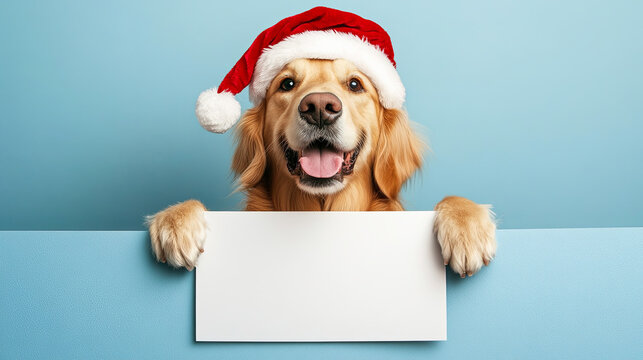 Golden Retriever wearing santa hat - christmas dog with blank sign - Powered by Adobe