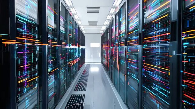 A vibrant data center showcasing rows of servers with colorful LED lights, representing modern technology and connectivity.