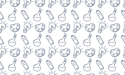 Hand drawn school supplies science and art pattern background. Educational themed pattern background. Perfect for use in print media such as wrapping paper, cover, packaging, textile print