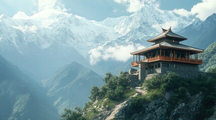 South Asian house amidst mountain peaks, with space for copy.