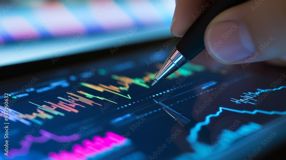 Aufkleber a close-up of a hand drawing a financial graph with a pen on a tablet, with a background of financia