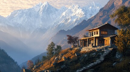 South Asian mountain home at sunrise, with ample room for copy.