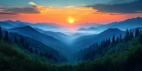 Obraz premium Ethereal Sunrise Over Misty Mountain Valleys with Lush Forests and Tranquil Atmosphere