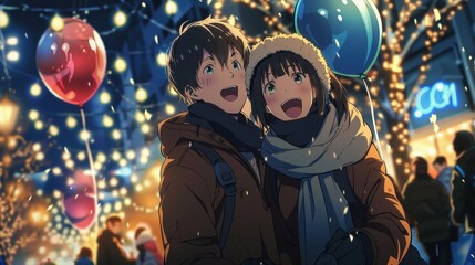 An excited couple enjoys a winter celebration, surrounded by colorful balloons and festive lights, creating a joyful atmosphere