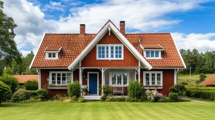 A charming red wooden house with white trim and a terracotta roof, surrounded by lush greenery and a manicured lawn. The house has a porch with a blue door and windows with white frames.