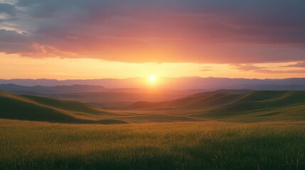 Obraz premium Stunning sunset over rolling hills, offering space for copy.