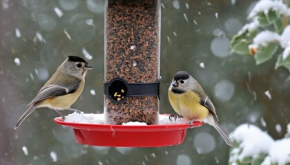 Naklejka premium Snowy companions at the bird feeder