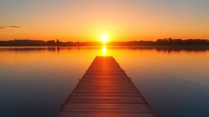 Obraz premium Sun setting behind a pier on a calm lake, perfect for copy space.