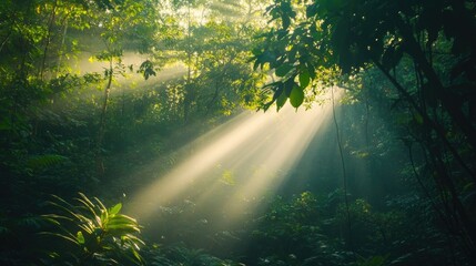 Sunlight streaming through a dense forest in the morning, perfect for copy space.