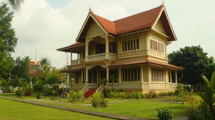 A traditional Thai home with a red tile roof, surrounded by lush greenery.