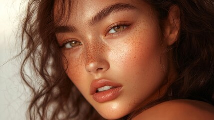 Obraz premium A close-up of a woman with flawless skin, highlighting her natural beauty and glowing complexion, framed by soft, loose waves of hair.