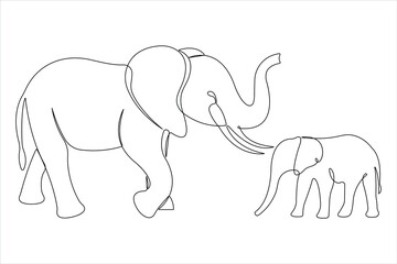 Continuous single one line drawing of baby elephant and mom wildlife animal outline vector illustration

