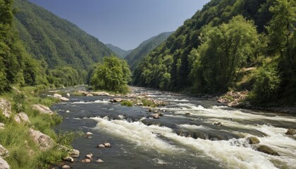 Obraz premium Wild and untamed river surrounded by lush greenery and towering mountains