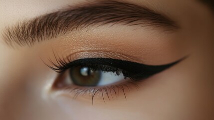 Fototapeta premium A detailed shot of a woman's eye, showcasing perfectly applied eyeliner and long, voluminous lashes, with a subtle hint of eyeshadow.