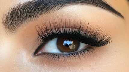 Obraz premium A detailed shot of a woman's eye, showcasing perfectly applied eyeliner and long, voluminous lashes, with a subtle hint of eyeshadow.
