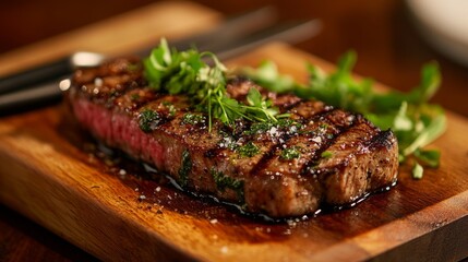 A detailed view of a steak with a perfectly seared crust, served on a wooden board with a garnish of fresh herbs and a side of steak knives.