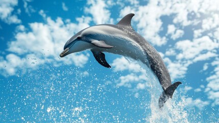 Obraz premium A dolphin performing a backflip in the air, with water droplets frozen in mid-air and a vibrant blue sky in the background. -