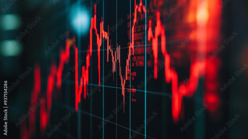 Poster analyzing stock market fluctuations on a digital display in a modern office environment during a tra