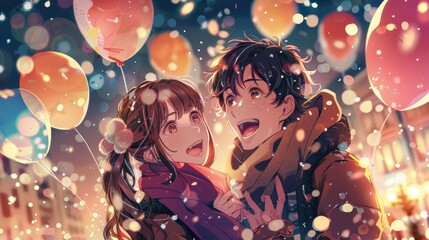 The happy couple embraces joyfully amidst falling snowflakes, surrounded by vibrant balloons at a winter celebration