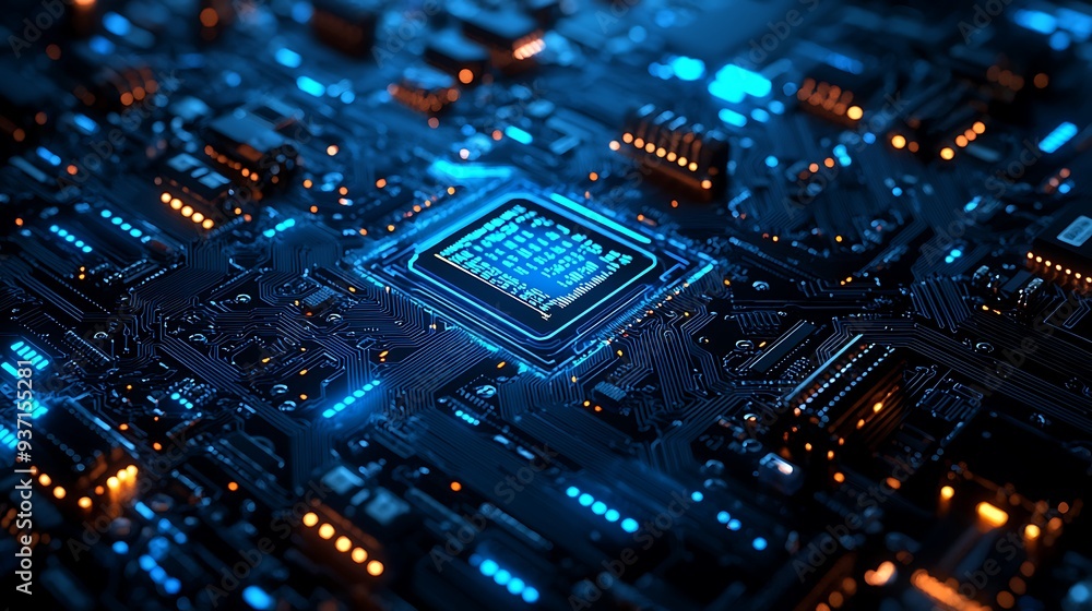 Poster abstract circuit board with blue and orange lights, illustrating the dynamic flow of technology and 