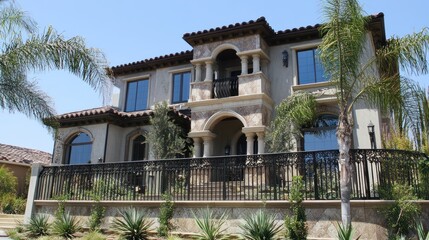 Fototapeta premium A beautiful Mediterranean-style home with a black wrought iron fence and palm trees in the front yard.