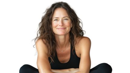 Portrait of middle-aged woman doing yoga meditating.