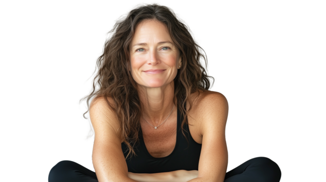 Portrait of middle-aged woman doing yoga meditating.