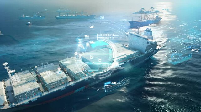 Futuristic cargo ship navigating through digital ocean, symbolizing maritime technology and innovation in shipping industry.
