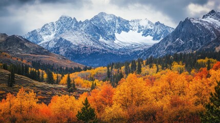 A breathtaking autumn landscape featuring vibrant orange trees and snow-capped mountains.