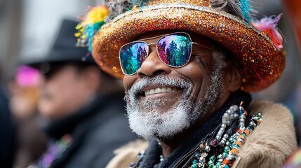 Happy senior man in a colorful hat and sunglasses at carnival, capturing the exuberance and spirit of celebration in a festive atmosphere.