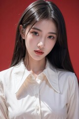 Portrait of a asian woman wearing collared white shirt with red background. Generate AI