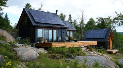 Two black cabins with solar panels on the roof on a rocky hillside with a wooden deck in front of the larger one.