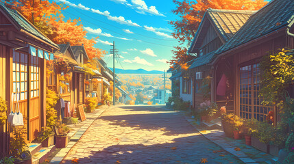 Fototapeta premium Beautiful Anime Manga Art of LOFI House on Cobblestone Street