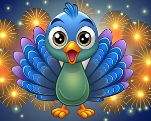 Naklejka premium greeting with a cute cartoon peacock and Diwali lights
