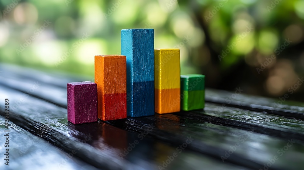 Poster colorful wooden blocks arranged in a bar chart on a black table with green bokeh in the background, 