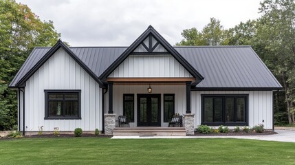 Modern farmhouse with white siding and black trim, a black metal roof, and a large front porch.