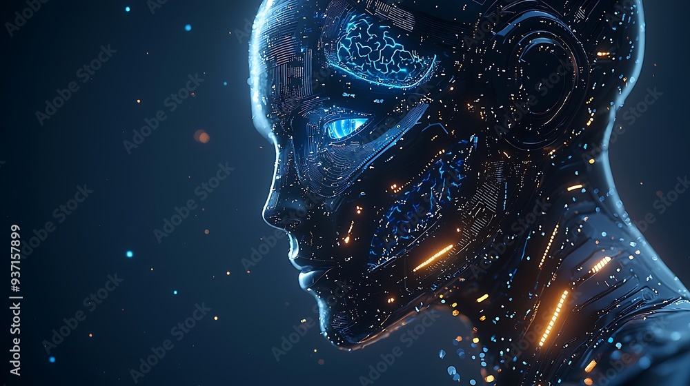 Aufkleber futuristic cyborg head with glowing circuitry and particles, emphasizing the cutting-edge technology