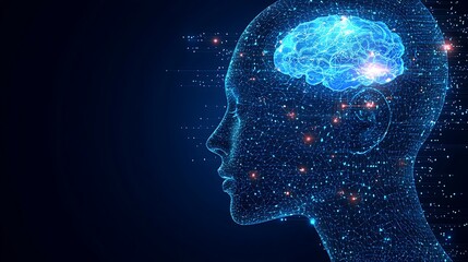 Obraz premium Digital human brain network technology concept, representing the interconnectedness of AI, human cognition, and digital networks.