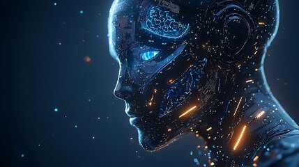 Futuristic cyborg head with glowing circuitry and particles, emphasizing the cutting-edge technology within.