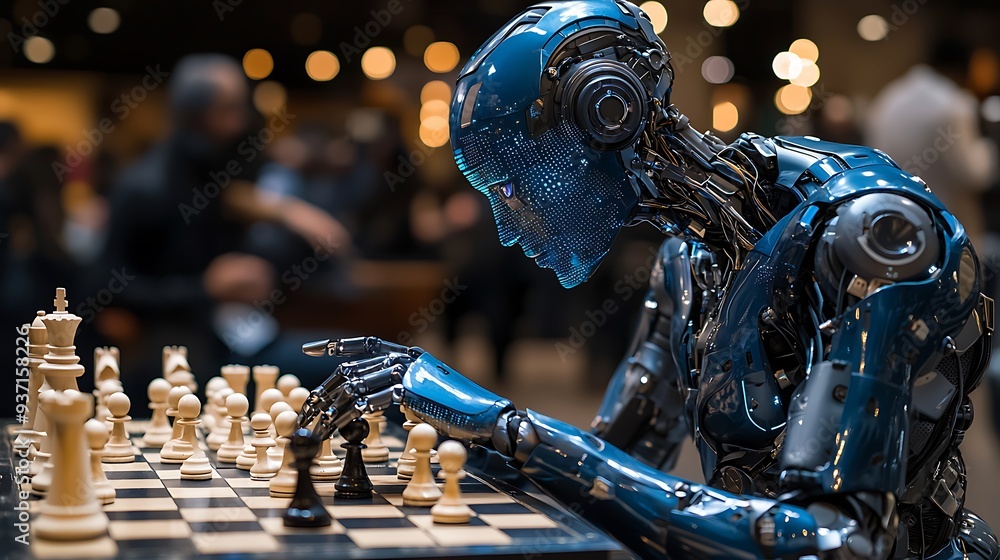Aufkleber robot playing chess, representing artificial intelligence and the future of strategic technology.