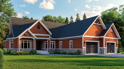 Fototapeta premium A modern, two-story house with a large front yard and a two-car garage, featuring a stone facade and wood siding, all bathed in the warm glow of a sunny day.