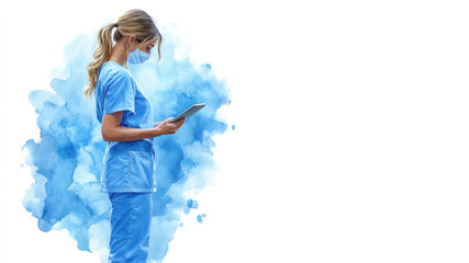 Blue watercolor painting of a nurse holding tablet, healthcare technology