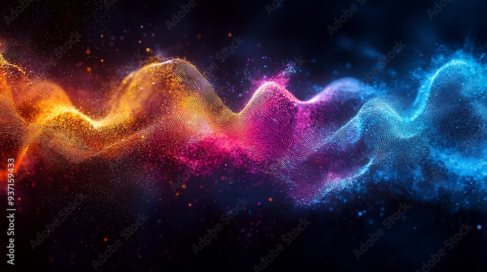 Poster abstract digital wave with flowing particles, neon glow, and tech background elements.