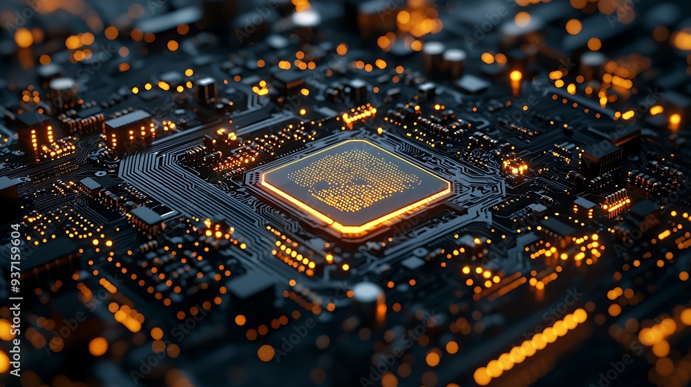 Poster close-up of illuminated motherboard with a glowing processor, illustrating advanced technology and d